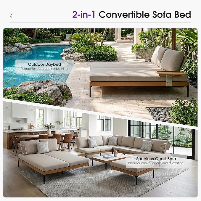 PURPLE LEAF Outdoor Daybed Patio Loveseat Sofa 2-Person Aluminum Chaise Lounge Cushioned Furniture Set with Tray and - Photo 3
