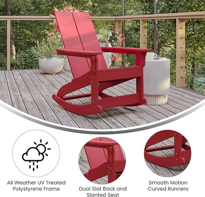 Flash Furniture Finn Modern Commercial Grade Poly Resin Wood Adirondack Rocking Chair - All Weather Red Polystyrene - Dual Slat Back - Stainless Steel Hardware