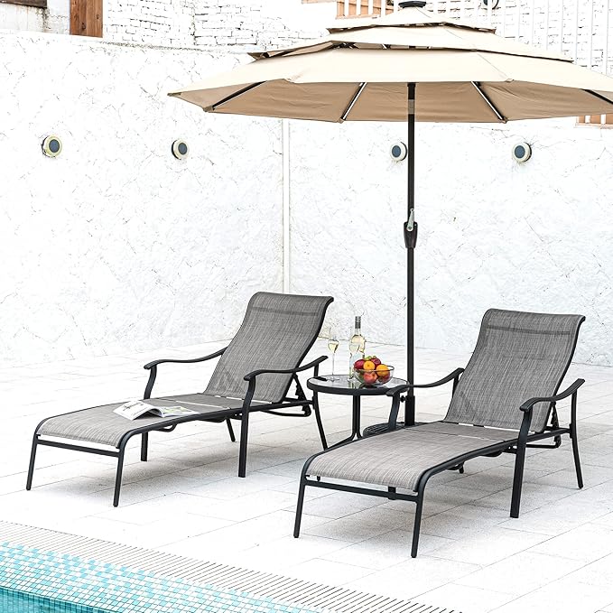 HAPPATIO Patio Chaise Lounge Set 3 Pieces, Patio Lounge Chair with Glass Coffee Table - Photo 1
