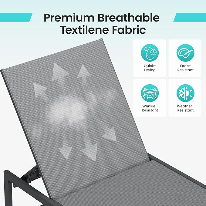 Amopatio Outdoor Patio Lounge Chair, Adjustable Heavy-Duty Chaise Lounge for Poolside, Weather Resistant Pool Lounge Furniture Set with Table for Backyard Beach, 400 LBS Capacity(Gray)