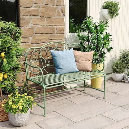 Merax 41 Inch Outdoor Garden Bench, Iron Metal Frame Patio Park Bench with Curled Decorative Pattern Backrest, Outside Bench for Front Porch Path Yard Lawn Backyard for 2 Person Seat, Green