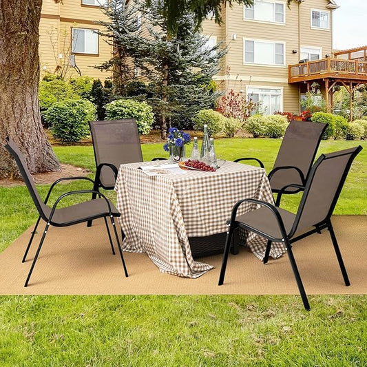 COSTWAY Patio Dining Chairs Set of 2, Stackable Outdoor Chairs with Armrest and High Back, Breathable Fabric & Metal Frame Chair for Garden Poolside Backyard Deck (Brown)