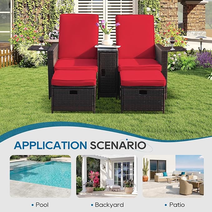 5PCS Outdoor Wicker Chaise Lounge Chair - Rattan Adjustable Reclining Patio Lounge Chair with Ottoman and Coffee Table, for Patio Beach Pool Backyard (Brown Wicker Red Cushion)