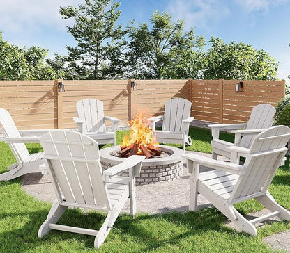GarveeLife Folding Adirondack Chairs Set of 6, HDPE Plastic Outdoor Chairs with Wood Texture - 380 LBS & Weather Resistant for Fire Pit, Deck, Patio, Pool, Backyard - White