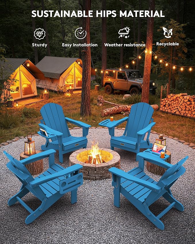 SERWALL Folding Adirondack Chair Set of 2, Outdoor Adirondack Chairs with 4 in 1 Cup Holder, Wood Texture Patio Chairs, Weather Resistant Fire Pit Chairs for Patio Deck Garden, Backyard - Navy Blue