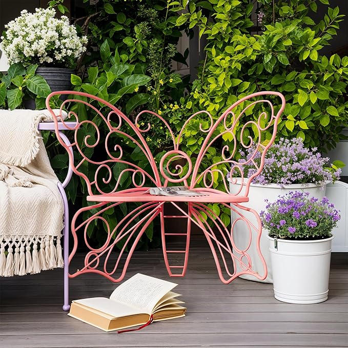 49 Inch Outdoor Bench, Pink Garden Bench with Metal Frame, Weatherproof Butterfly Front Porch Benches for Lawn, Garden, Yard, Balcony