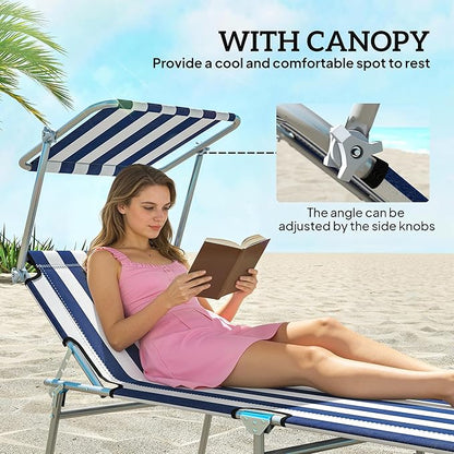 Outsunny Outdoor Lounge Chair, Adjustable Folding Chaise Lounge, Tanning Chair with Sun Shade for Beach, Camping, Hiking, Backyard, Blue and White