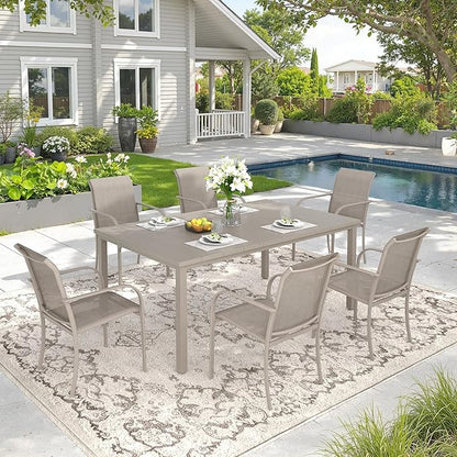 DIFY 63" Outdoor Patio Dining Table for 6, Metal Rectangular Steel Slat Patio Table with 1.57" Adjustable Umbrella Hole, Weather-Resistant for Garden Backyard Poolside Deck, Sandshell