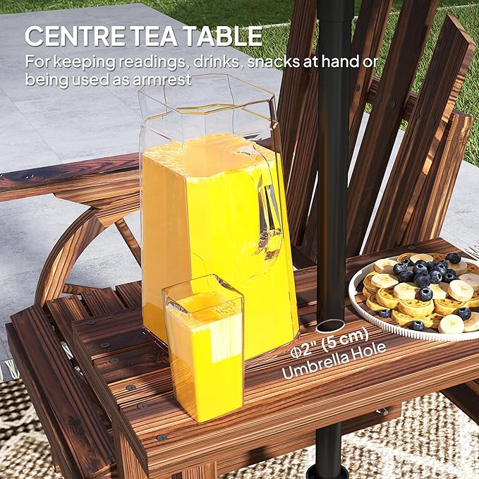 Outsunny Wooden Garden Bench with Table, Umbrella Hole, 2-Seat Wagon Wheel Outdoor Bench with Slatted Seat, High Backrest, Armrests for Backyard, Patio, Garden, Carbonized