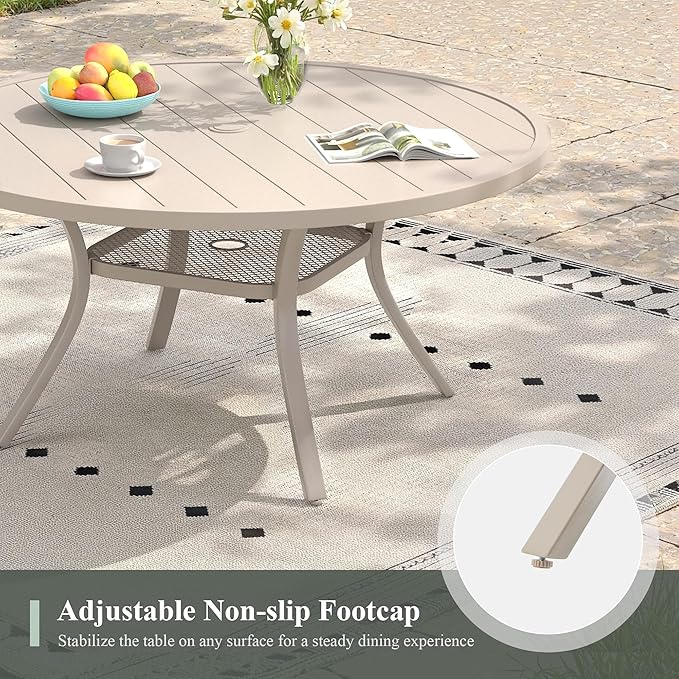 47.2" Patio Dining Table for 6, Round Outdoor Metal Dining Table with Umbrella Hole for Lawn Garden Backyard, Sandshell