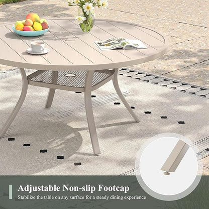 47.2" Patio Dining Table for 6, Round Outdoor Metal Dining Table with Umbrella Hole for Lawn Garden Backyard, Sandshell