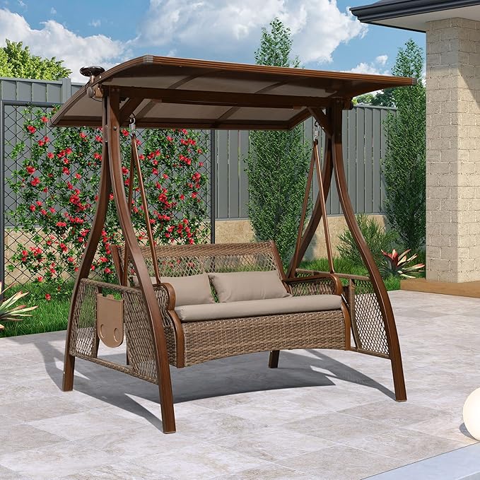 PURPLE LEAF Patio Porch Swing Chair with Canopy 2 Person Hand-Woven Wicker Outside Glider w/Solar LED Light and - Photo 1