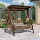 PURPLE LEAF Patio Porch Swing Chair with Canopy 2 Person Hand-Woven Wicker Outside Glider w/Solar LED Light and - Photo 1