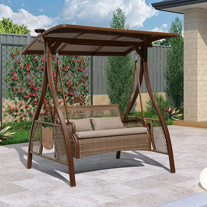 PURPLE LEAF Patio Porch Swing Chair with Canopy 2 Person Hand-Woven Wicker Outside Glider w/Solar LED Light and Cushions for Backyard Loveseat Bench Outdoor Hamock Swinging Chairs