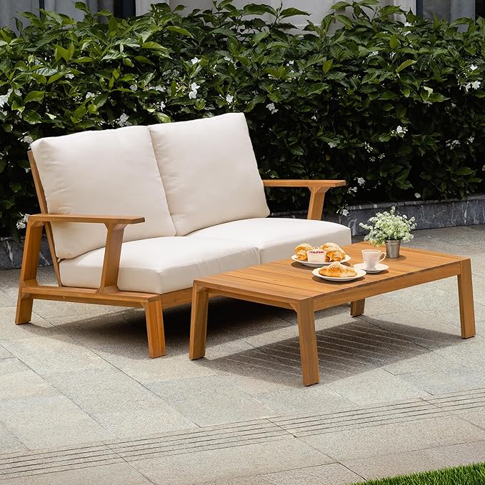 Idzo Jasper Solid Acacia Wood Loveseat Patio Set with Beige Cushions & Coffee Table – Modern Outdoor Furniture for - Photo 1