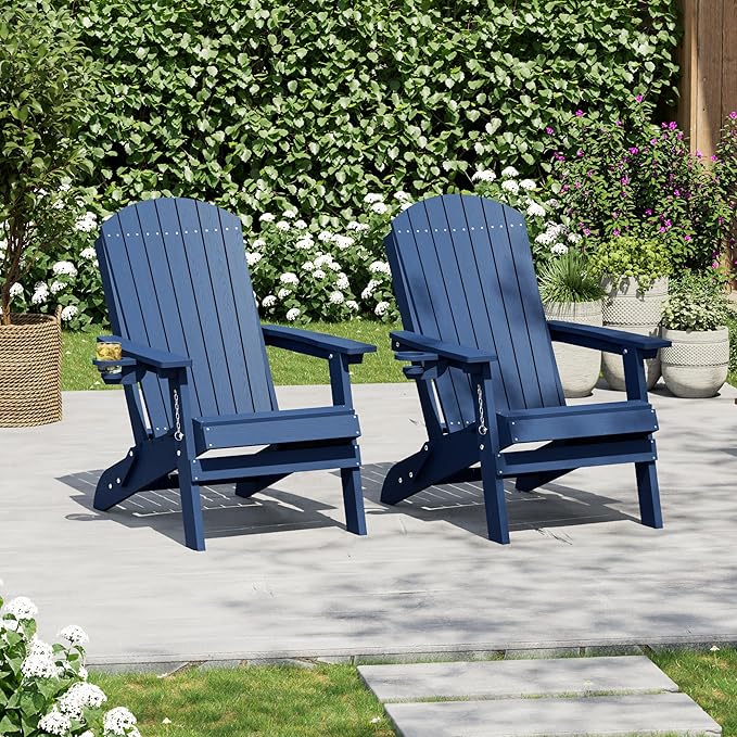 HDPE Foldable Adirondack Outdoor Chair Set of 2 with Cup Holder, Weather Resistant Heavy-Duty Patio Chair for Patio, Backyard, Deck, Fire Pit, Lawn and Porch, Navy Blue