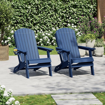 HDPE Foldable Adirondack Outdoor Chair Set of 2 with Cup Holder, Weather Resistant Heavy-Duty Patio Chair for Patio, Backyard, Deck, Fire Pit, Lawn and Porch, Navy Blue
