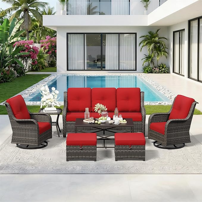 7 Piece Outdoor Wicker Patio Furniture Set, Outdoor Swivel Rocker Patio Chairs Set with Thickened Olefin Cushions - Photo 8