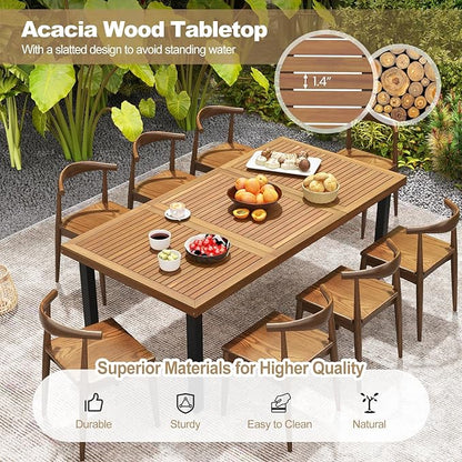 Tangkula 79" Acacia Wood Patio Dining Table for 8, Large 8-Person Outdoor Dining Table with 1.9" Umbrella Hole, Metal Legs & Adjustable Foot Pads, Rectangular Outside Table for Garden, Poolside & Yard