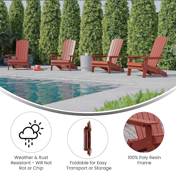 Flash Furniture Charlestown Folding Adirondack Chair - Red - Poly Resin - Indoor/Outdoor - Weather Resistant - Set of 4