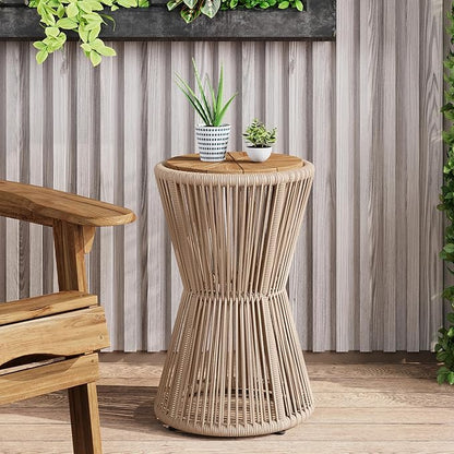 Christopher Knight Home Nara 25.8" Acacia Wood Outdoor Side Table, Hourglass Shaped with Metal Frame+Woven Rope, Outdoor Coffee Table, Garden Plant Stand Indoor, No Assembly Needed, Beige+Light Teak