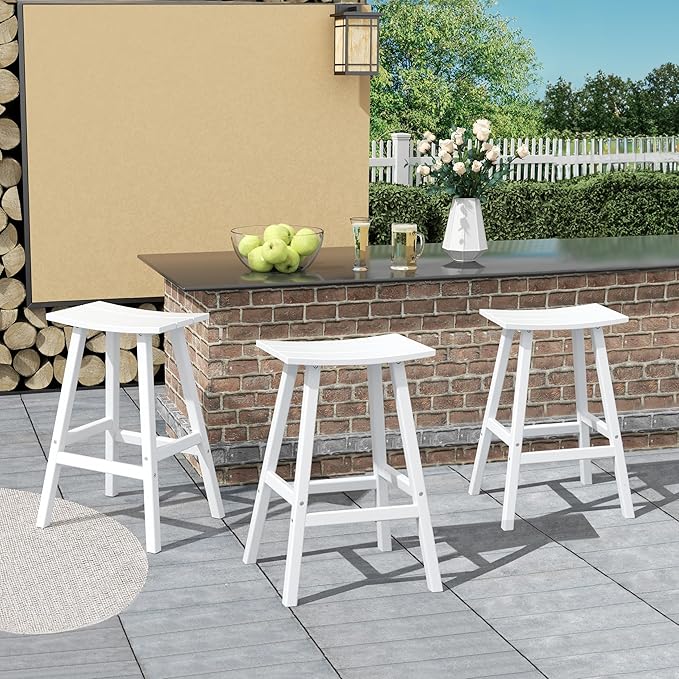 Costaelm All-Weather Bar Stools Set of 3, 29" Height Outdoor Bar Stools, Adirondack Poly Patio Bar Stool for Patio, Deck, Kitchen Counter and Garden, White