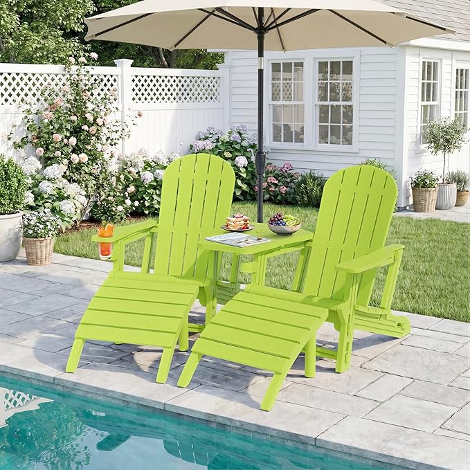 JY QAQA Outdoor Adirondack Chair Set of 2 with Detachable Table & Ottoman, All-Weather HDPE Patio Furniture with Wood Texture & Cup Holder for Patio, Poolside, Garden, Green