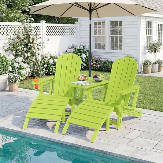 JY QAQA Outdoor Adirondack Chair Set of 2 with Detachable Table & Ottoman, All-Weather HDPE Patio Furniture with Wood Texture & Cup Holder for Patio, Poolside, Garden, Green