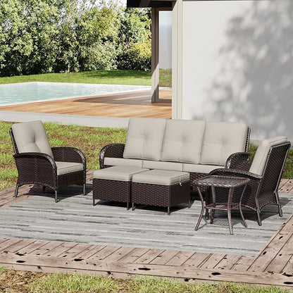 Joyside Wicker Patio Furniture Set, 6 Piece Outdoor Furniture Set with Thickened Cushions, High Back, Deep Seating, Wide Armrest, Rattan Outdoor Chairs for Porch, Deck