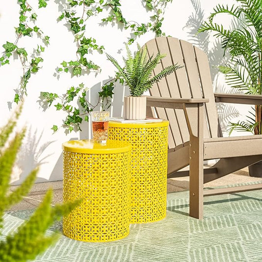 Glitzhome Outdoor Side Table Set of 2, Decorative Garden Stool for Patio Heavy Duty Metal Frame Accent Table Modern End Table, Glossy Yellow
