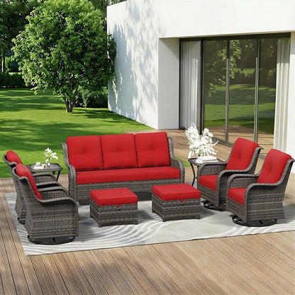9 Piece Outdoor Wicker Patio Furniture Set, Outdoor Swivel Rocker Patio Chairs Set with Thickened Olefin Cushions, High Back and Deep Seating, Hand-Woven PE Rattan for Porch, Deck