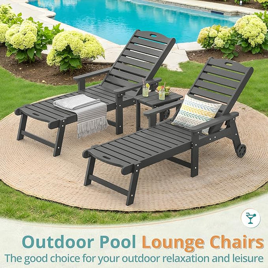 LUE BONA Lounge Chair Outdoor with Table, 2-Piece, HDPS Chaise Lounge Outdoor with Wheels, 5 Positions Adjustable Pool Lounger Chairs for Outside, Patio, Dark Gray