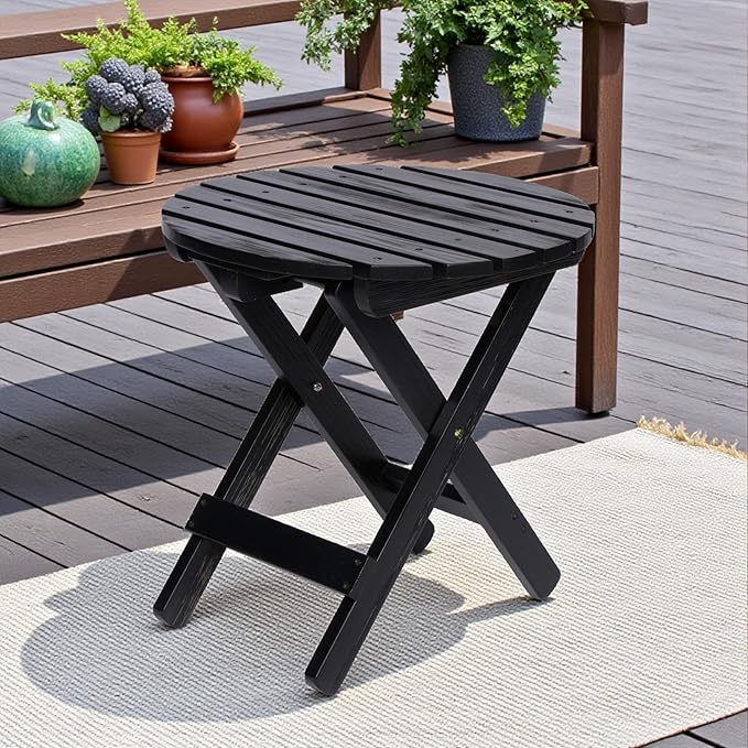 Shine Company Round Wooden Folding Solid Wood Side Table, Outdoor Adirondack Small Patio Table, Black