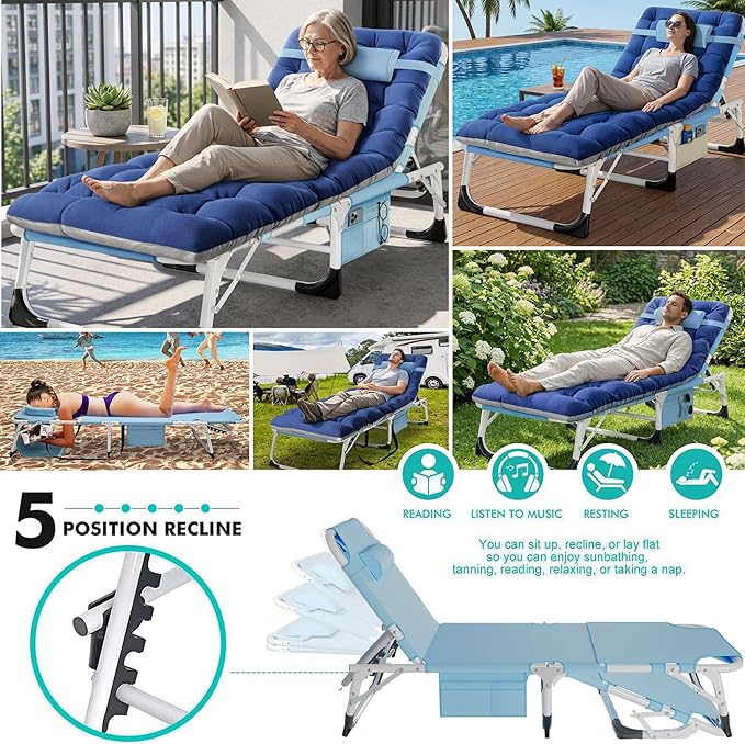 ABORON 4-in-1 Lounge Chair with Face & Arm Holes for Tanning, 440LB Heavy-Duty Folding Recliner with Plush Cotton Cushion, No Assembly Tri-Fold Guest Bed for Sunbathing, Poolside, Office Nap & Camping