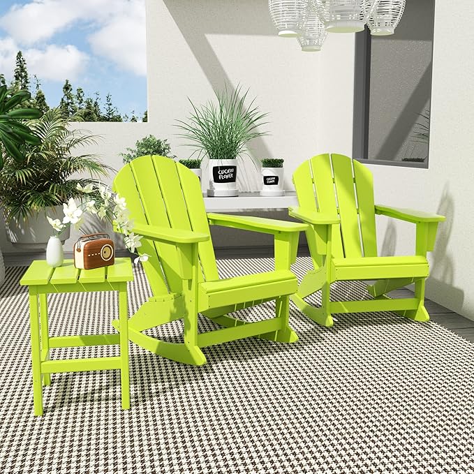 WO WESTIN OUTDOOR HDPE Laguna Outdoor Rocking Poly Adirondack Chair with Side Table 3-Piece Set, Lime