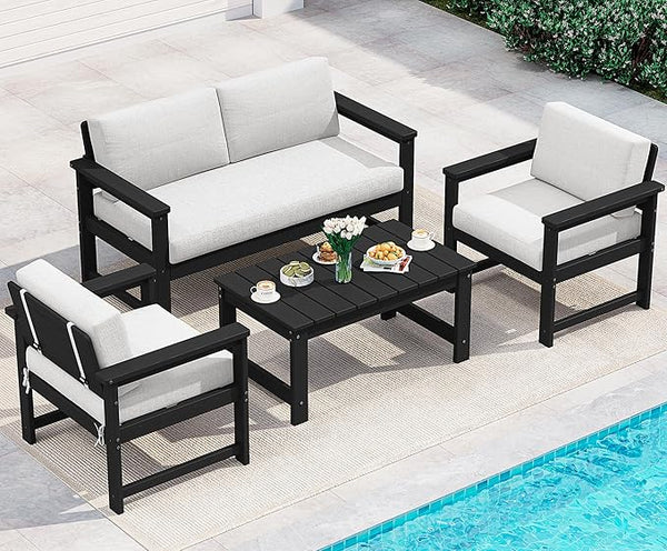 SERWALL 4-Piece Outdoor Patio Sofa Set, HDPE All-Weather Loveseat Sofa with Cushions & Coffee Table - Photo 1