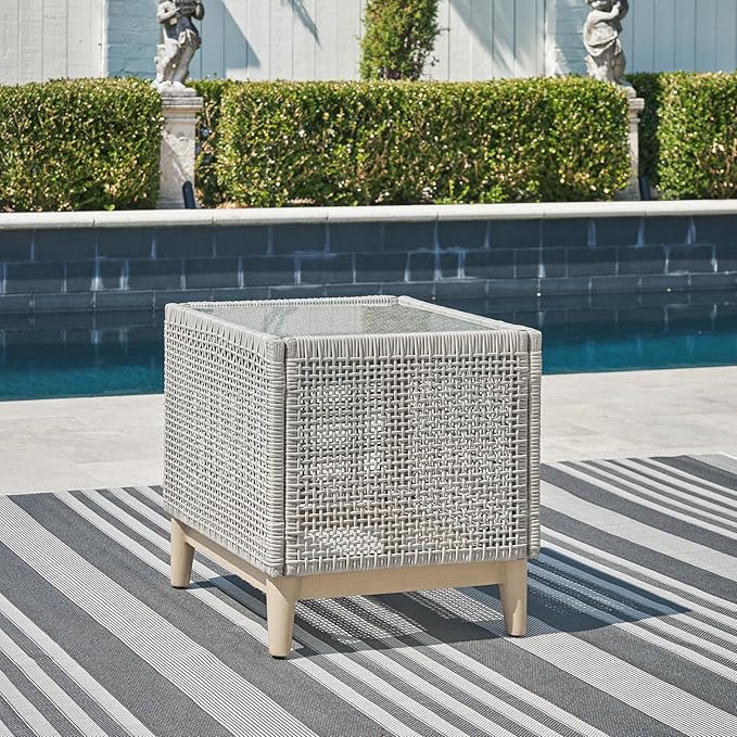 Signature Design by Ashley Seton Creek Contemporary Chic Outdoor All-Weather Resin Wicker End Table with Tempered Glass - Photo 2