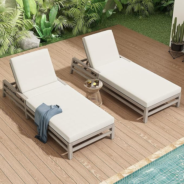 5-Position Adjustable Outdoor Chaise Lounge Set of 2, Solid Wood Patio Recliner Chair with Thick Cushions for Pool - Photo 1