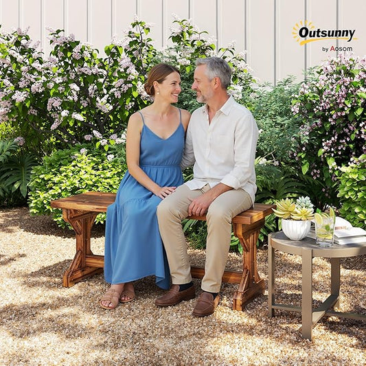 Outsunny Outdoor Wooden Bench, 2-Person Rustic Patio Garden Bench Seat, Backless Outdoor Loveseat with Farmhouse X-Shaped Base for Porch, Park, Lawn, Yard, Carbonized