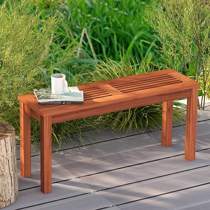Tangkula Patio Wood Bench, 2-Person Solid Wood Bench with Slatted Seat, 39.5” Long Loveseat with Stable Wood Frame, Indoor Outdoor Dining Bench for Backyard, Poolside, Entryway (2)