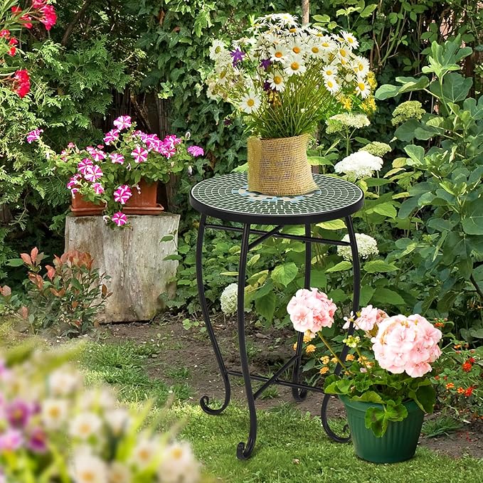 VINGLI Mosaic Print Accent Table, 14" Round Side Table,End Table, Plant Stand Decor for Patio Porch Balcony Back Deck Pool Indoor Outdoor Coffee, Metal Cobalt Glass Top Black Iron(Green Garden)