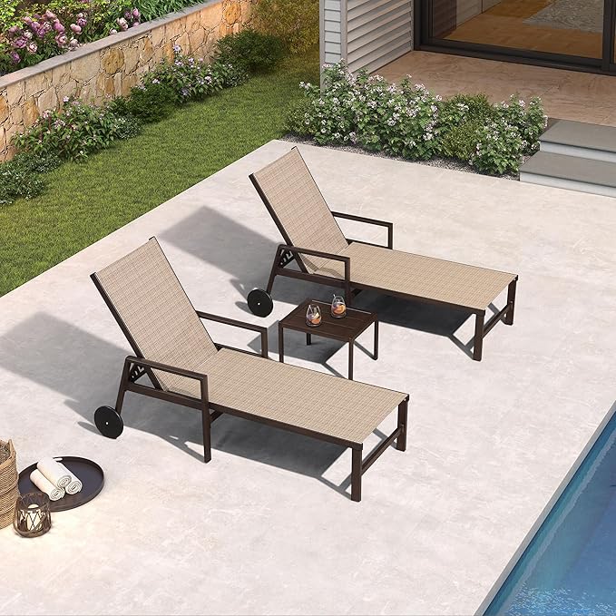 PURPLE LEAF Outdoor Chaise Lounge Chair Set of 2 with Armrests, Aluminum Patio Loungers with Wheels and Adjustable Backrest, Includes Side Table for Deck, Outside, Lawn, Garden, Light Tan