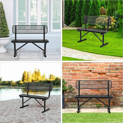 48" Metal Park Benches for Outside - Black Outdoor Benches Heavy Duty Garden Weatherproof Bench with Backrest, Buddy Bench for Schools,Commercial Benches for Shopping Mall, Store, Yard, Patio