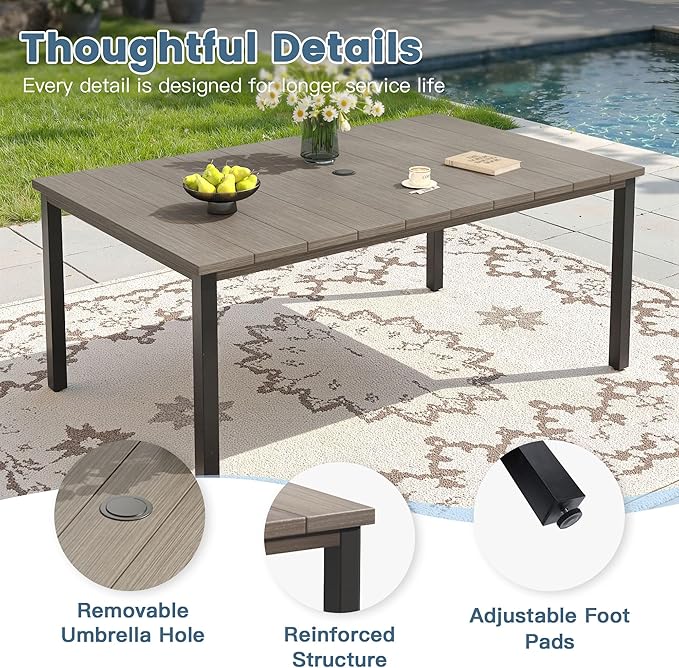 DIFY 63" Rectangle Outdoor Dining Table for 6, Slatted Metal Patio Table with Adjustable Umbrella Hole, All-Weather Patio Dining Table for Garden Backyard Deck, Grey Wood-Like Tabletop