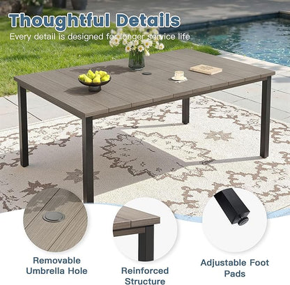 DIFY 63" Rectangle Outdoor Dining Table for 6, Slatted Metal Patio Table with Adjustable Umbrella Hole, All-Weather Patio Dining Table for Garden Backyard Deck, Grey Wood-Like Tabletop