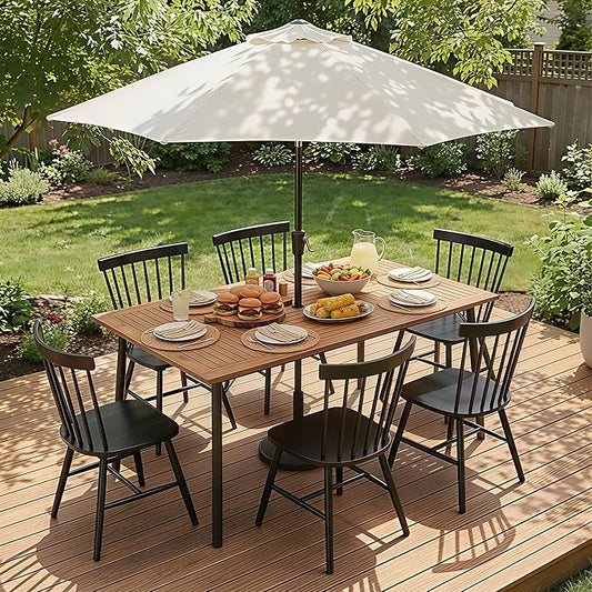Flamaker Acacia Wood Patio Outdoor Dining Table for 6, Outdoor Table with Umbrella Hole and Metal Legs for Garden, 63’’L x 36’’ W x 30’’ H