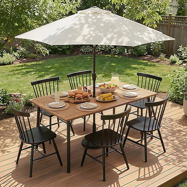 Flamaker Acacia Wood Patio Outdoor Dining Table for 6, Outdoor Table with Umbrella Hole and Metal Legs for Garden - Photo 1