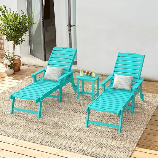 LUE BONA Outdoor Lounge Chair Set with Table, 3-Piece, HDPS Chaise Lounge Outdoor with Wheels, 5 Positions Adjustable Pool Lounger Chairs for Outside, Patio, Aruba Blue