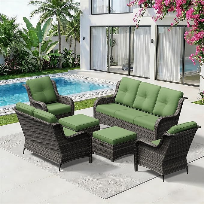6 Piece Outdoor Wicker Patio Furniture Set, Patio Chairs Set with Thickened Olefin Cushions, High Back and Deep Seating - Photo 9