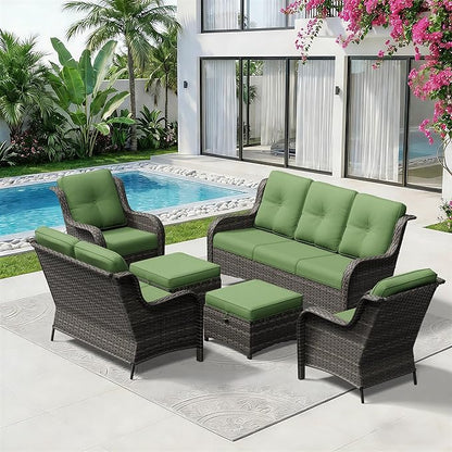 6 Piece Outdoor Wicker Patio Furniture Set, Patio Chairs Set with Thickened Olefin Cushions, High Back and Deep Seating, Hand-Woven PE Rattan, Ottoman for Porch, Deck